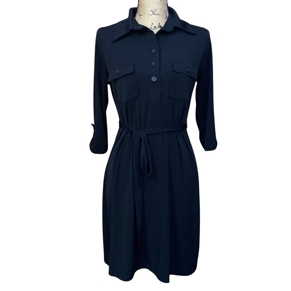 Sweet Black Collared Button Dress With Sash Size 10P